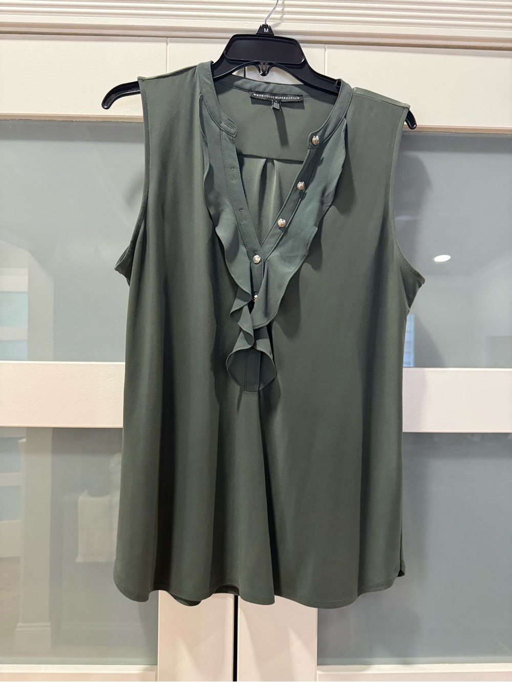 White House Black Market Olive Green Ruffle V-Neck Sleeveless Top WHBM Large